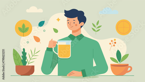 A man taking a break from his busy day to enjoy a cup of herbal tea with illustrations of the different herbs and their healing benefits displayed on.