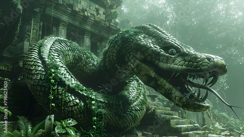 Colossal Thai Naga Serpent Guardian Protectively Coiled Around Forgotten Stone Citadel in Lush Jungle Landscape