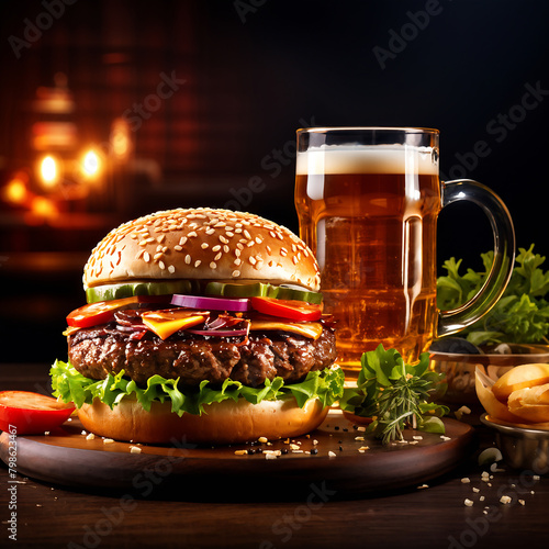 a juicy burger lies on the table and a mug of cold beer is in the background