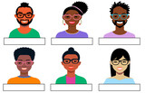 retrato de medio cuerpo de grupo de personas diferentes, set iconos de personas de diferentes razas y colores, grupo de personal con cartel en el pecho
