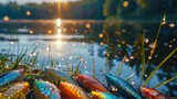 Early morning fishing scene, a serene lake with a detailed close-up of colorful fishing lures and baits in the foreground