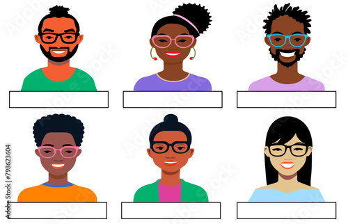 retrato de medio cuerpo de grupo de personas diferentes, set iconos de personas de diferentes razas y colores, grupo de personal con cartel en el pecho