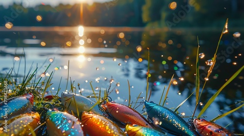 Early morning fishing scene, a serene lake with a detailed close-up of colorful fishing lures and baits in the foreground