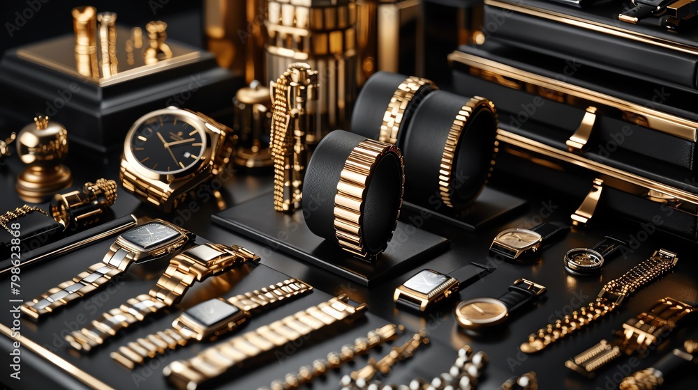 Naklejka premium Elegant display of luxury gold accessories, including watches and jewelry, elegantly arranged on a sleek black background