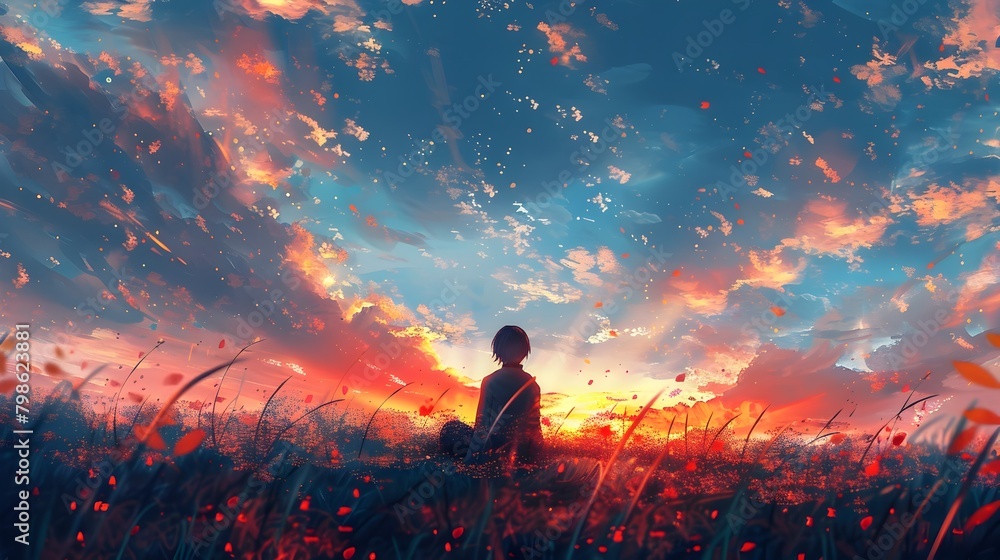 Silhouetted Figure Standing in Vibrant Sunset Meadow with Dramatic Sky Silhouetted Figure Standing in Vibrant Sunset Meadow with Dramatic Sky