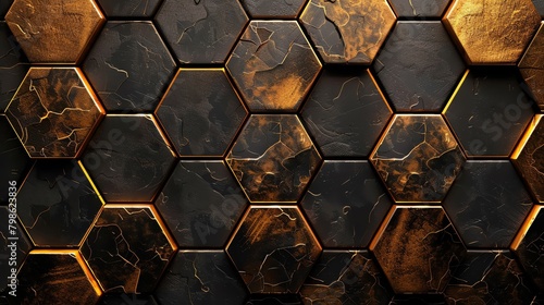 Elegant gold hexagonal patterns shimmering on a luxurious black background, reflecting sophistication and opulence photo