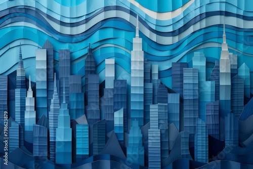 Blue and white abstract painting of a cityscape with skyscrapers.