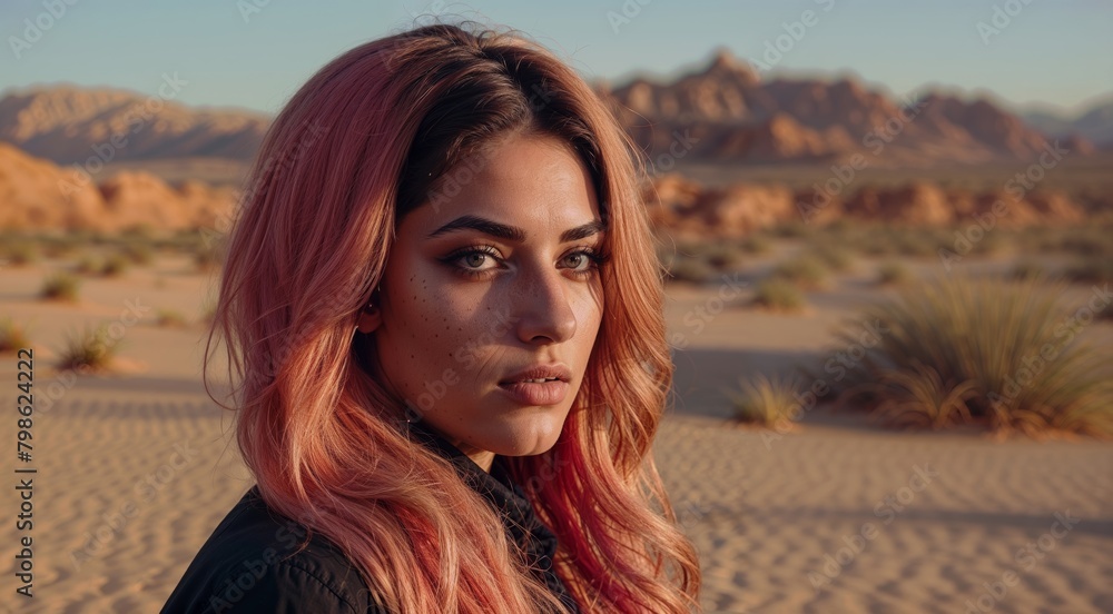 Beautiful young Arabian woman with pink hair in the middle of the desert. Social media post, Copy space Beautiful young Arabian woman with pink hair in the middle of the desert. Social media post, Copy space