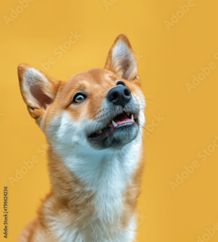 Close-Up of a Shiba inu Dog With Mouth Open on yellow Background