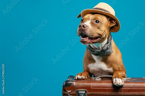 Lovable  pretty Pitbull dog and blue suitcase. Travel preparation and planning. Closeup  indoors. Studio photo  isolated background. Concept of recreation  travel and tourism. Pets care  copy space