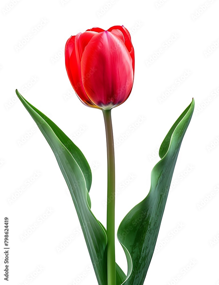 A vibrant red tulip with its long green stem and bright leaves, set against the pure white background A vibrant red tulip with its long green stem and bright leaves, set against the pure white background