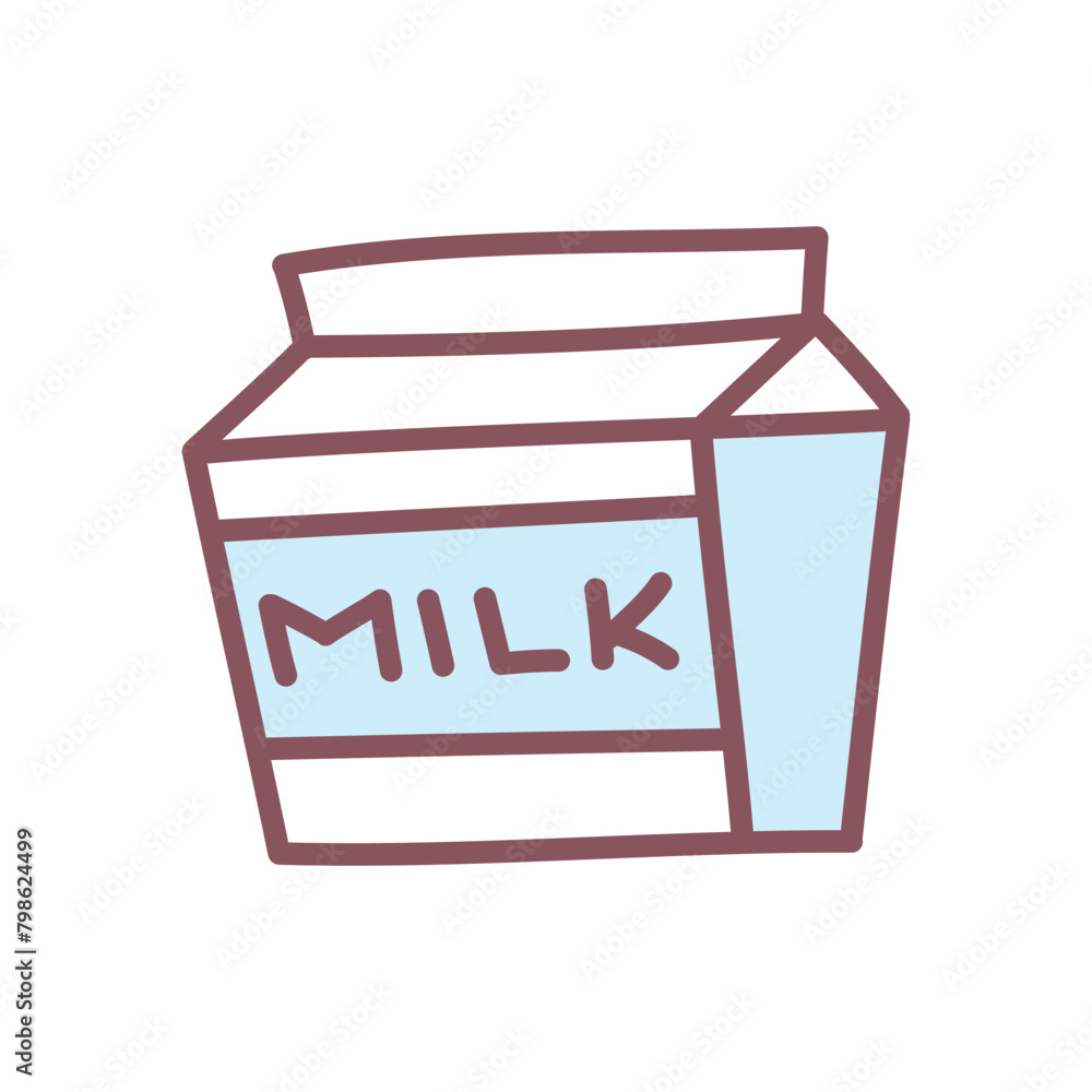 Cute milk box icon. Hand drawn illustration of pasteurized milk in a cardboard package isolated on a white background. Kawaii sticker. Vector 10 EPS.