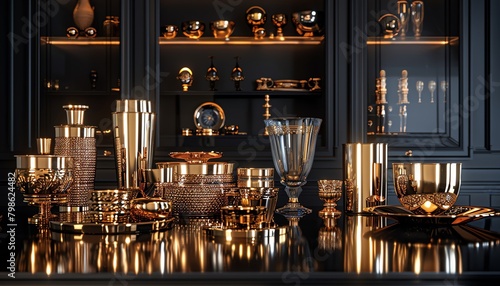 Illustrate a digital rendering of a breathtaking panoramic scene filled with opulent metallic gold accessories set against a striking black background, utilizing photorealistic techniques for a stunni photo