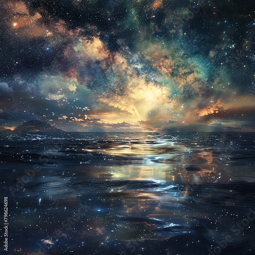 A surreal composition of the vast universe blending with an ocean, stars reflecting on water, creating a mystical and boundless scene.