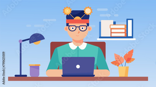 A writer sits at their desk wearing a neurotech headband that stimulates their brain to seamlessly come up with new story ideas..