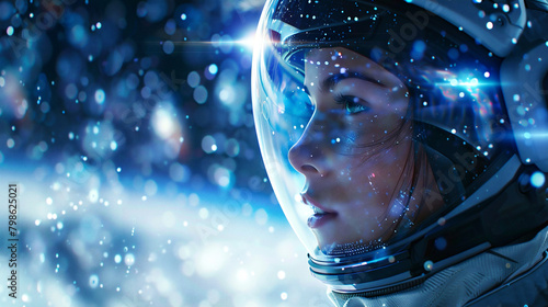 Casco de astronauta futurista, de la era espacial, con un hermoso rostro de astronauta femenino reflejado en la visera,  photo