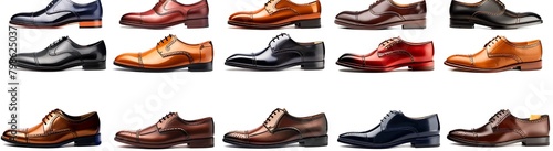 A grid of various leather shoes, including dress and formal shoe styles, arranged in rows against a white background.  photo