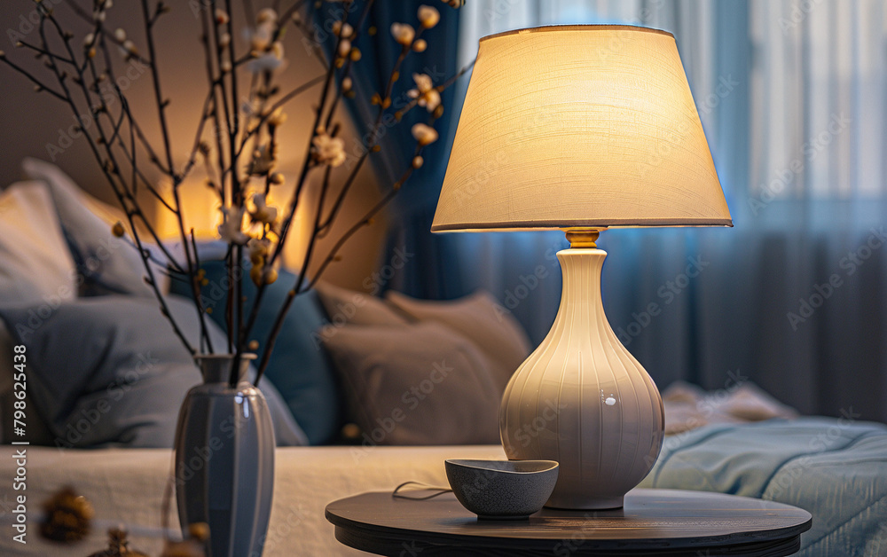 Cozy lamp standing on the bedside table creates a pleasant atmosphere in the room before bed. Cozy lamp standing on the bedside table creates a pleasant atmosphere in the room before bed.