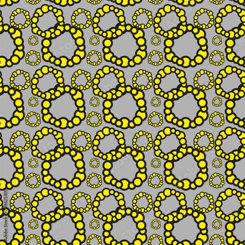 Textile art featuring a seamless yellow chain motif on a gray background