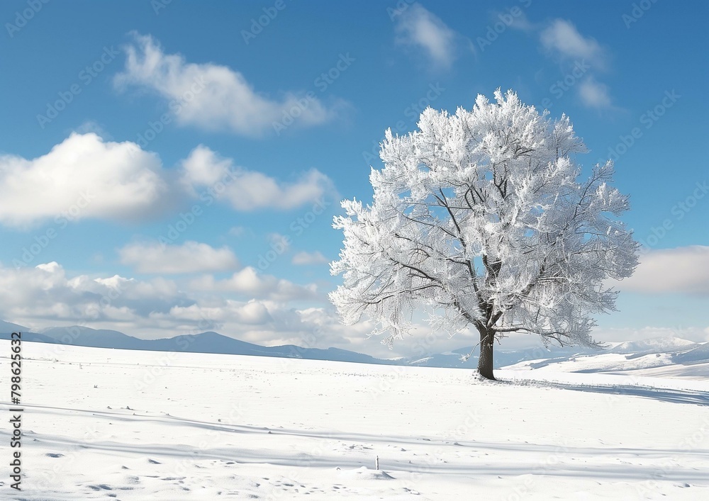 Solitary Tree Covered in Hoarfrost on Snowy Landscape with Blue Sky Solitary Tree Covered in Hoarfrost on Snowy Landscape with Blue Sky