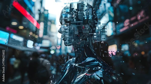 Futuristic human digital silhouette visualization 3d rendering universe technology fantasy cityscape background