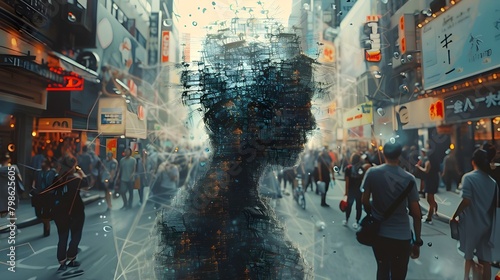 Abstract futuristic human digital silhouette walking street, visualization of 3d rendering fantasy universe, future technology, Tokyo street and cityscape at background. #798625605