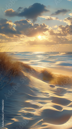 Sunrise Illuminating Textured Dunes and Wild Ocean