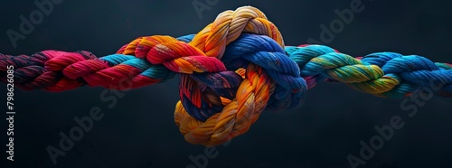 A colorful rope with two ends connected in an intricate knot, symbolizing the strength and unity of diverse individuals coming together to support each other in times of need