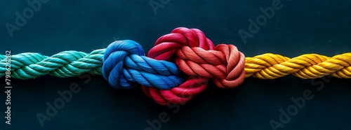A colorful rope with two colored knotted ends, each knot holding onto the other's end, symbolizing strength and unity on a dark background
