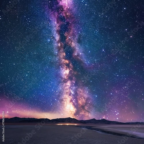 Night sky as seen from a remote desert, the Milky Way stretching across the vast universe, unobscured by light pollution, perfect for stargazing themes.