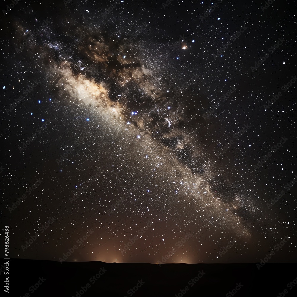 Night sky as seen from a remote desert, the Milky Way stretching across the vast universe, unobscured by light pollution, perfect for stargazing themes.