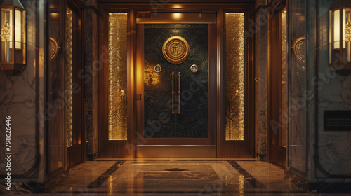 At the entrance of an upscale hotel, a grand door bearing the distinctive logo of a renowned brand stands as a symbol of elegance and prestige, captured in vivid HD detail photo