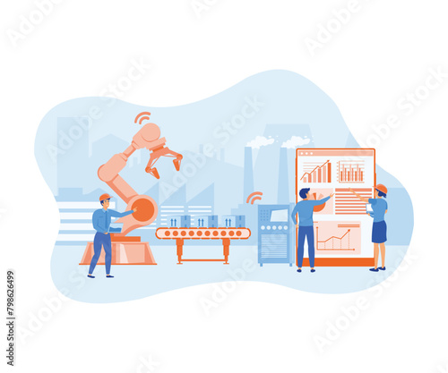 Smart Factory and working person using wireless technology to control. For workflow With clever device. flat vector modern illustration