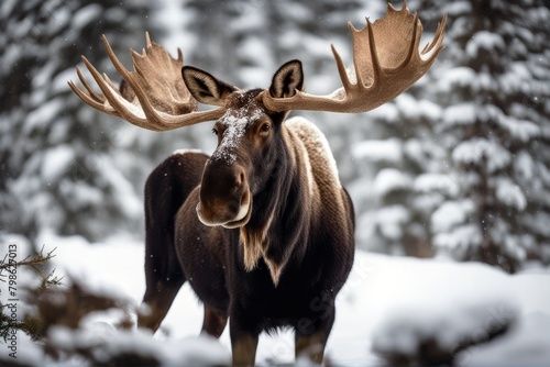 'jasper moose snow canada animal cervid wildlife winter mammal nature wild elk reindeer forest buck cold brown antler sheep horse horn bull wilderness white'