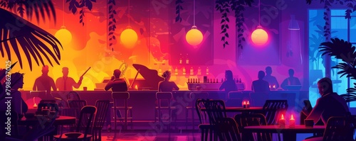 Classic advertisement as a vintage poster, retro print for a jazz concert, old-style poster design with vibrant colors and dynamic fonts, displayed in a retro cafe setting photo