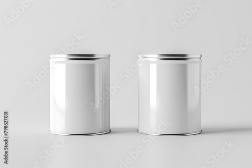 3D render of two white blank cans in the style of mockup on a light grey background