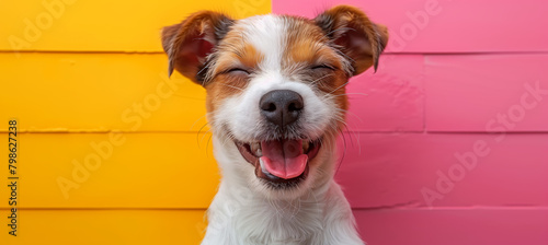 Happy smiling Jack Russell Terrier dog on pink and yellow background. A cute happy laughing jack russell terrier puppy with open mouth, tongue out sitting against colorful wall, copy space concept