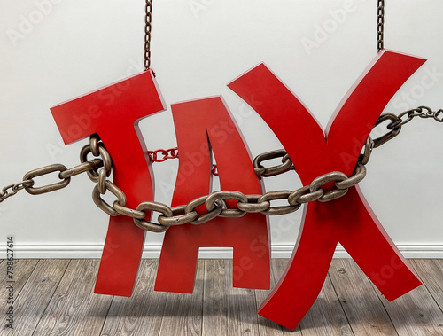 3d render illustration of the red text word TAX surrounded and squeeze by a metal chain. Concept of tax management, revenue growth, saving taxation