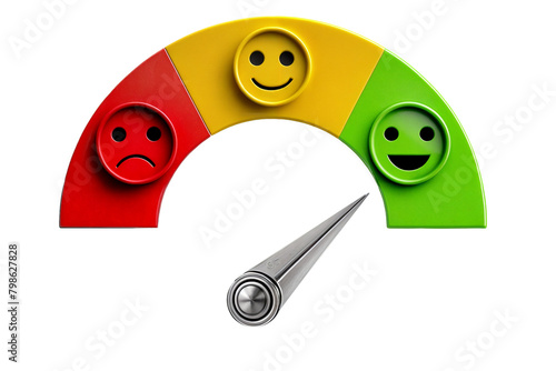 A red, yellow and green smiley face meter with a needle pointing to a green face. Concept of user customer support experience review and rating