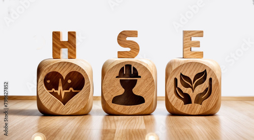 The letters word text abbreviation acronym HSE above three wooden blocks, with symbols on each block representing the different aspects of health, safety, and the environment.