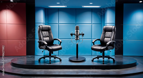 A blue and red soundproof studio with a microphone in the center and two black leather chairs facing each other, one on the left and one on the right