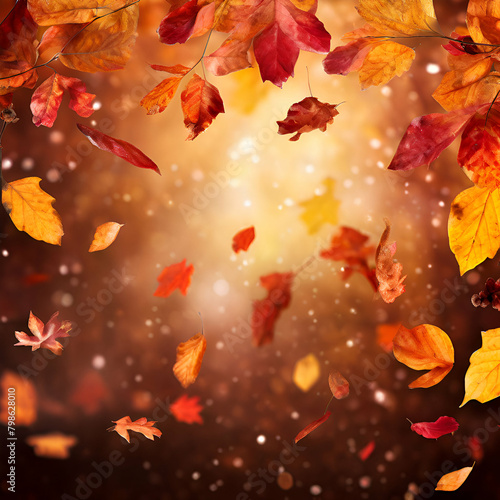 autumn seasonal background with sunlit made of falling autumn golden red and orange colored leaves  Autum Wooden Table adorned with Orange Leaves  Set against a Sunset Sky in a Defocused generate ai