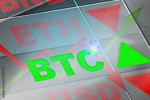 BTC Bitcoin Cryptocurrency on the display board with green arrow up