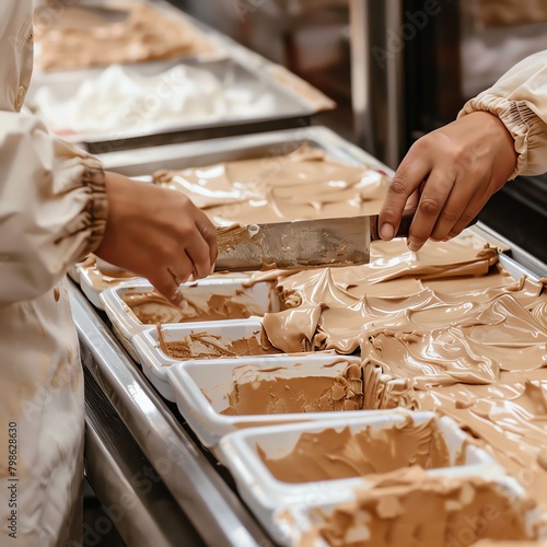 A person slicing through a tray of creamy fudge, capturing the soft, easily yielding texture, set in a quaint bakery environment.