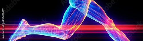 An illustration of a runner's legs in motion, with muscles, bones, and tendons highlighted. photo