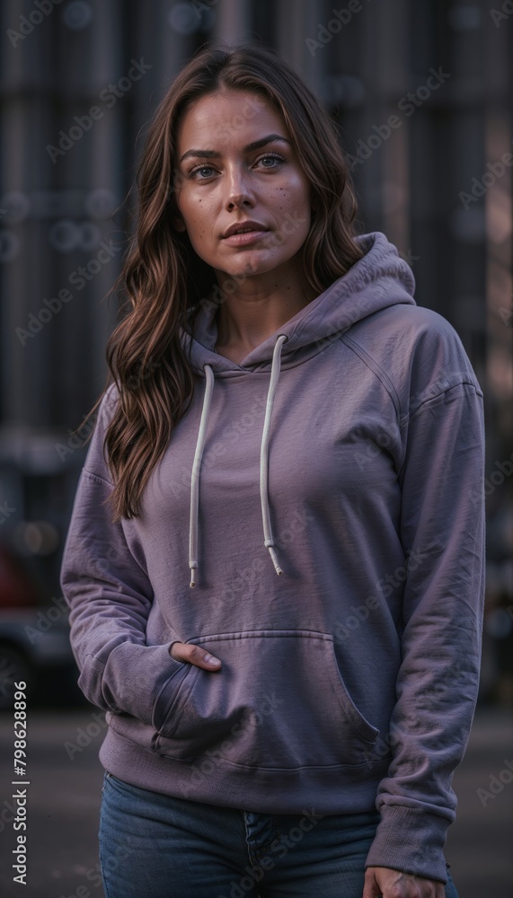Beautiful young brunette woman in a purple Hoodie and jeans posing on the street. Mockup design concept