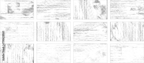 Overlay textures set stamp with grunge effect. Old damage Dirty grainy and scratches. Set of different distressed black grain texture. Distress overlay vector textures.	