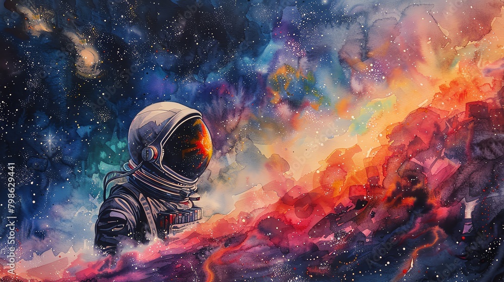 Obraz premium Produce a watercolor painting depicting an astronaut in a retro space helmet