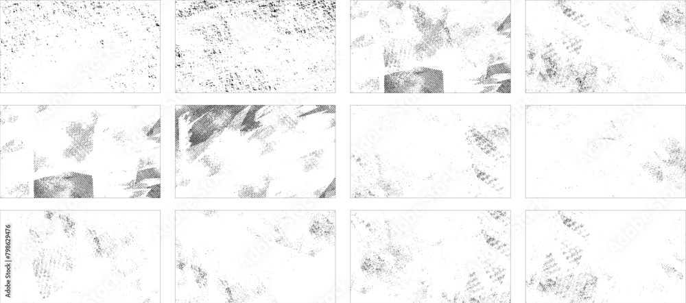 Overlay textures set stamp with grunge effect. Old damage Dirty grainy and scratches. Set of different distressed black grain texture. Distress overlay vector textures.	