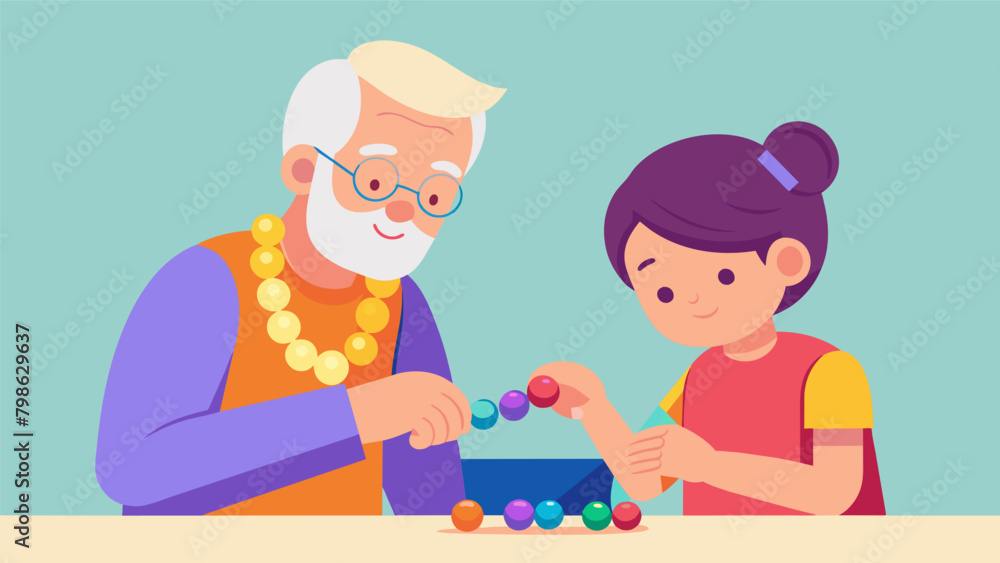 A sweet scene of a child and their grandparent sitting side by side carefully stringing colorful beads onto a bracelet getting ready for the A sweet scene of a child and their grandparent sitting side by side carefully stringing colorful beads onto a bracelet getting ready for the